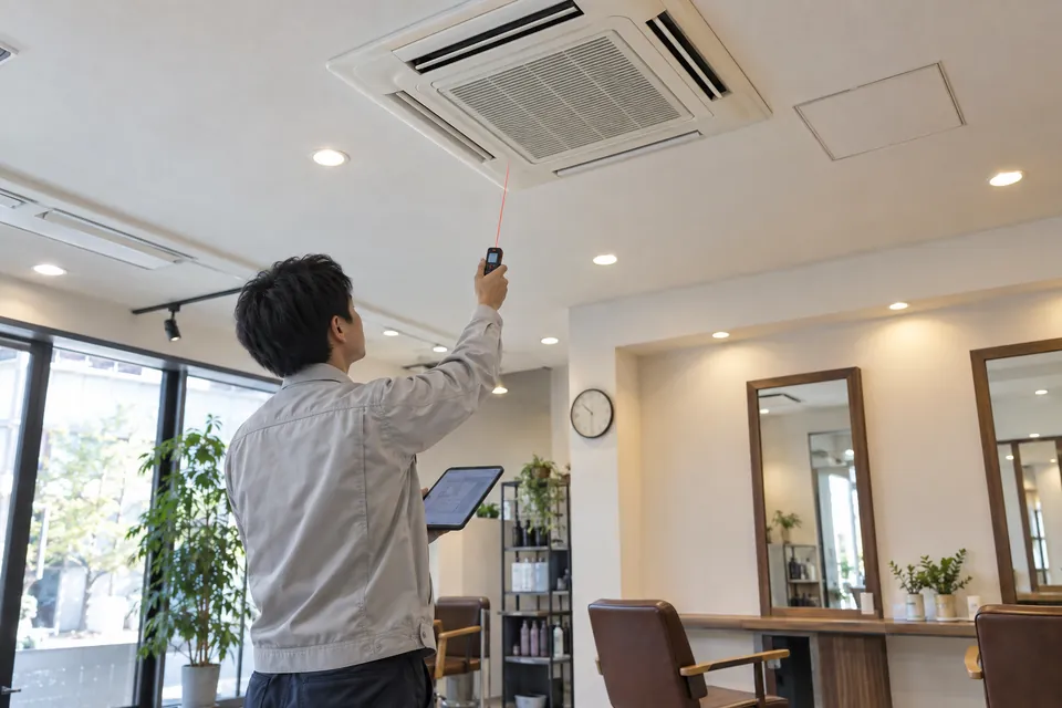 作業服の担当者が美容室の天井カセット形エアコンにレーザー距離計を向け、タブレットの図面と照合している現地調査の設置イメージ